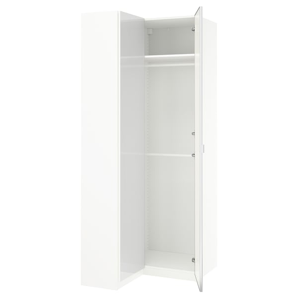PAX / FARDAL/ÅHEIM Armoire d'angle, brillant blanc/miroir, 111/88x236 cm