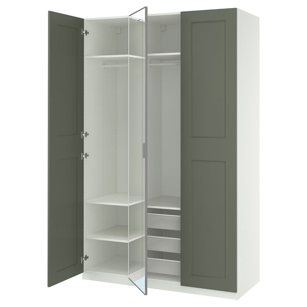 PAX / KAMMARTORP/GRIMO Combinaison armoire, blanc miroir/gris gris vert, 150x60x236 cm
