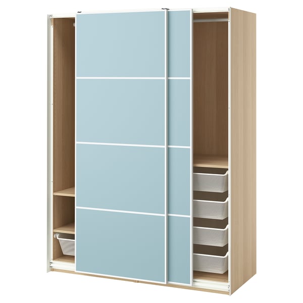 PAX / MEHAMN Armoire pte coul, effet chêne blanchi/double face bleu clair, 150x66x201 cm