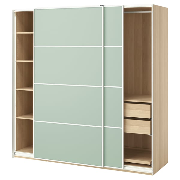 PAX / MEHAMN Armoire pte coul, effet chêne blanchi/double face vert clair, 200x66x201 cm