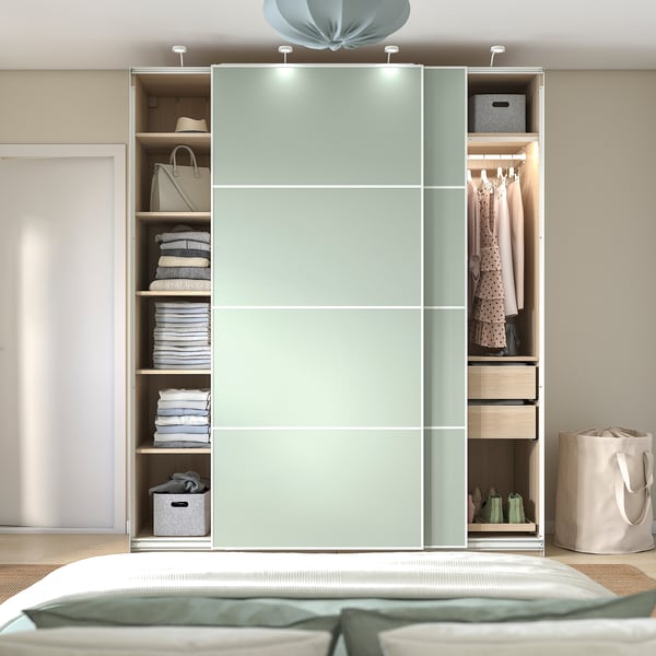 PAX / MEHAMN Armoire pte coul, effet chêne blanchi/double face vert clair, 200x66x236 cm