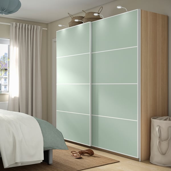 PAX / MEHAMN Armoire pte coul, effet chêne blanchi/double face vert clair, 200x66x201 cm