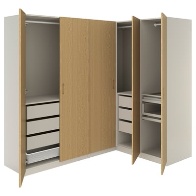 PAX / TONSTAD Armoire d'angle, gris-beige/gris-beige plaqué chêne, 231/161x201 cm