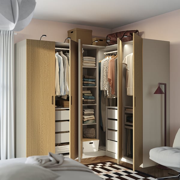 PAX / TONSTAD Armoire d'angle, gris-beige/gris-beige plaqué chêne, 231/161x201 cm