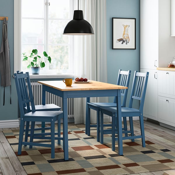 PINNTORP Table et 4 chaises, teinté brun clair teinté bleu/teinté bleu pin, 125 cm