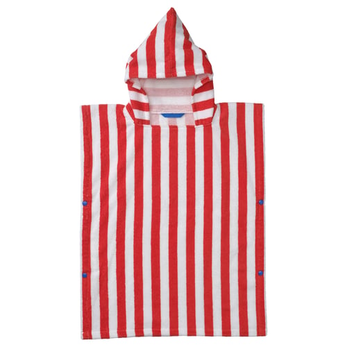 SKOGSSALLAT Poncho de bain avec capuche, rouge/blanc/rayé, 55x70 cm