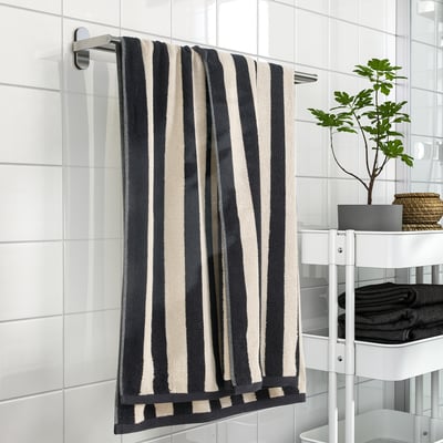 SLÅNHÖSTMAL Drap de bain, noir/beige clair rayé, 100x150 cm