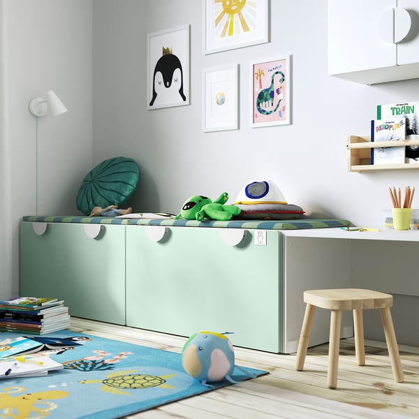 SMÅSTAD Banc avec rangement jouets, blanc/vert clair, 90x52x48 cm