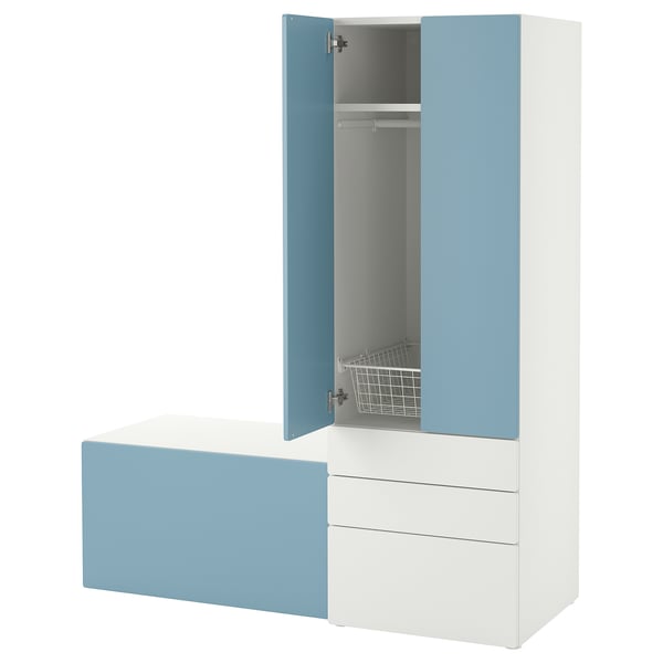 SMÅSTAD / PLATSA Combinaison de rangement, blanc bleu/avec banc, 150x57x181 cm