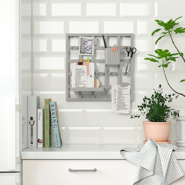 SNICKRA Panneau perforé+accessoires, 8 pcs, gris vert, 38x38 cm