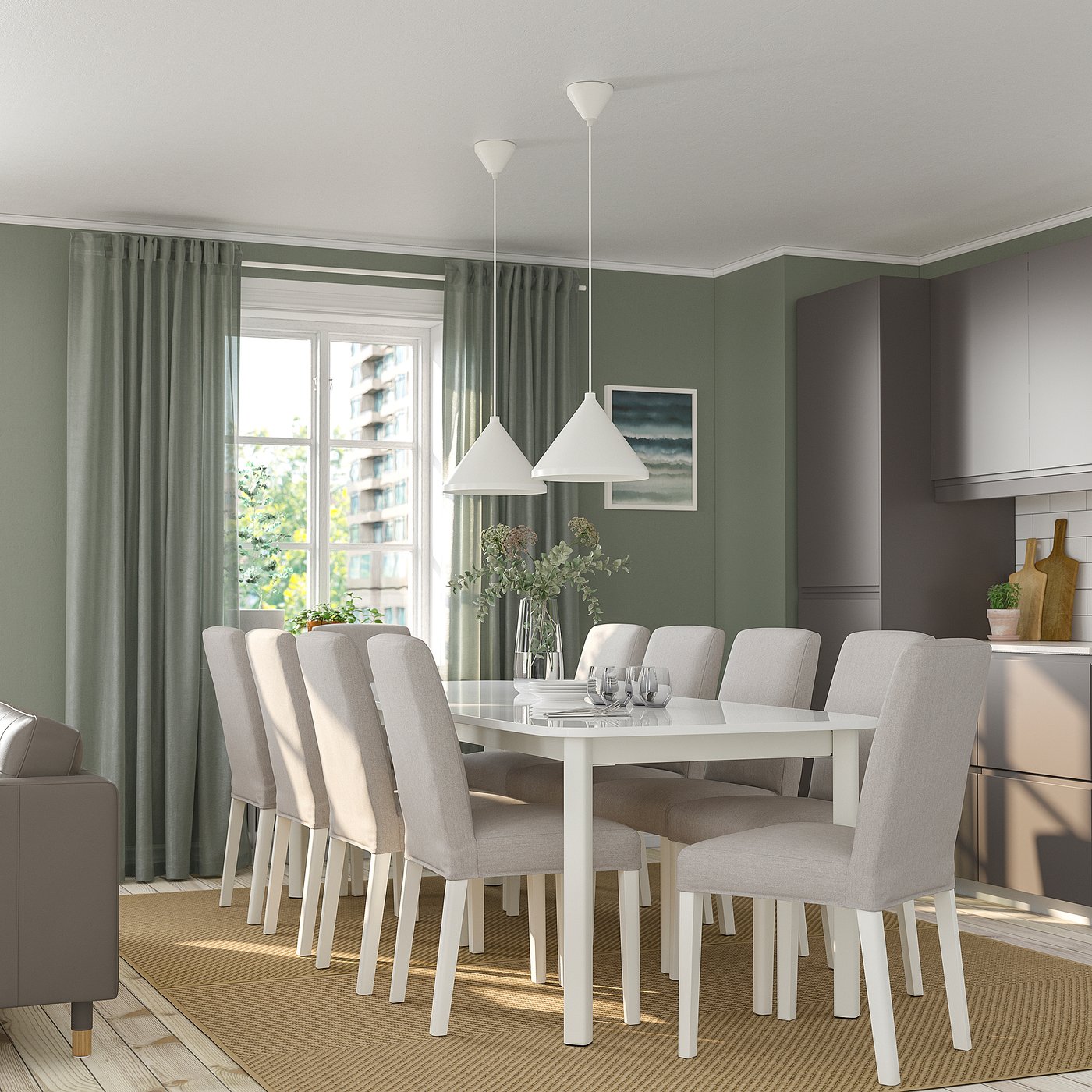STRANDTORP / BERGMUND Table et 8 chaises, blanc/Orrsta gris clair, 150/205/260 cm