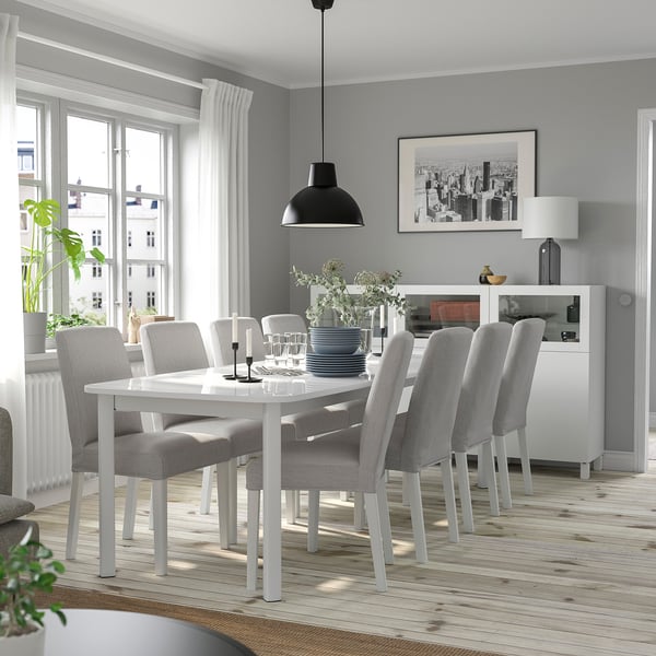 STRANDTORP / BERGMUND Table et 8 chaises, blanc/Orrsta gris clair, 150/205/260 cm