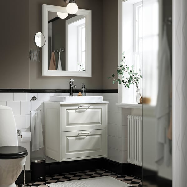 TÄNNFORSEN / ORRSJÖN Meuble lavabo avec tiroirs/vasque, blanc/blanc marbré, 62x49x71 cm