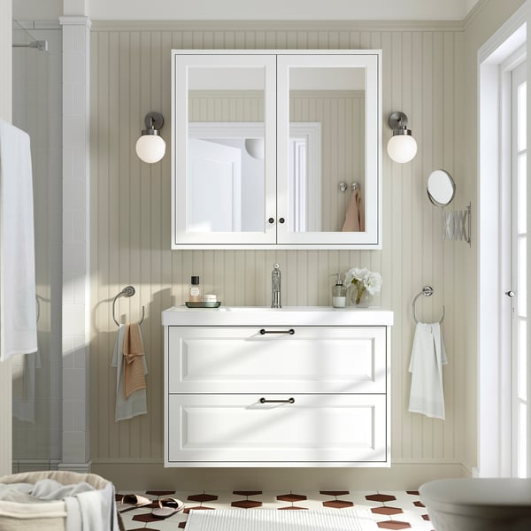 TÄNNFORSEN / ORRSJÖN Meuble lavabo avec tiroirs/vasque, blanc, 102x49x69 cm