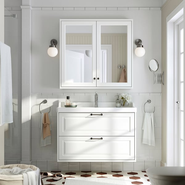 TÄNNFORSEN / RUTSJÖN Meuble lavabo avec tiroirs/vasque, blanc, 102x49x74 cm