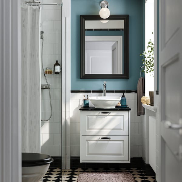 TÄNNFORSEN / VÄSTERSJÖN Meuble lavabo avec tiroirs/vasque, blanc/noir marbré, 62x49x79 cm