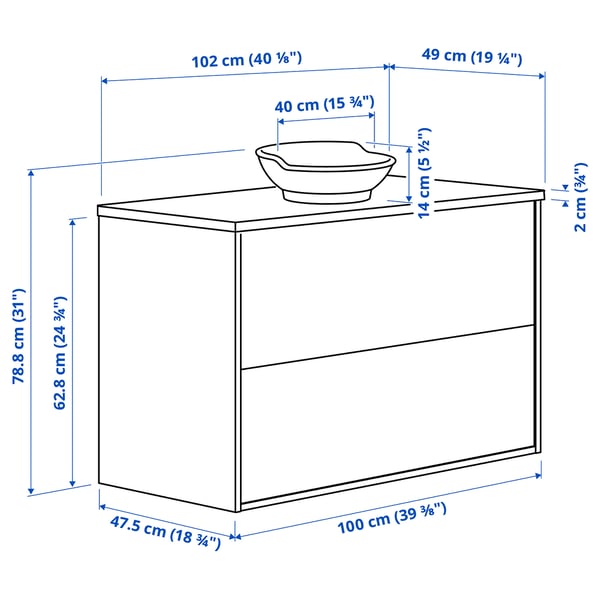 TÄNNFORSEN / VÄSTERSJÖN Meuble lavabo avec tiroirs/vasque, blanc/noir marbré, 102x49x79 cm