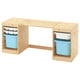 TROFAST Bureau av boîtes/plateaux rangement, pin teinté blanc clair/blanc bleu clair, 124x44x52 cm