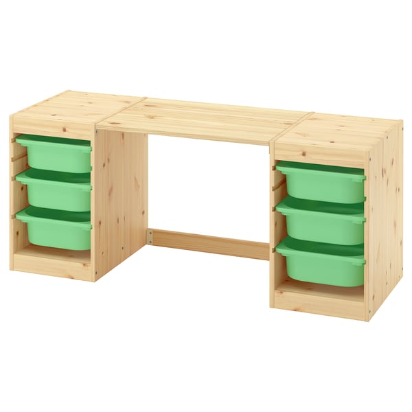 TROFAST Bureau avec boîtes de rangement, pin teinté blanc clair vert clair, 124x44x52 cm