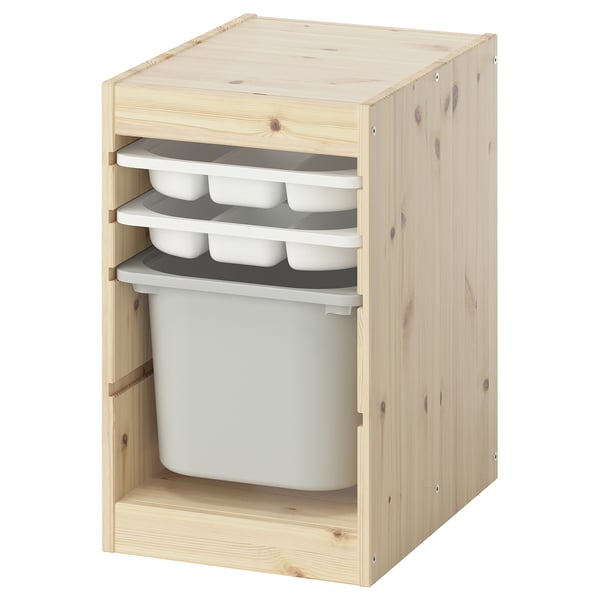 TROFAST Combinaison rangement bac/plateaux, pin teinté blanc clair blanc/gris, 32x44x52 cm