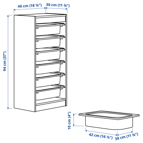 TROFAST Combinaison structure + bacs, blanc/blanc, 46x30x94 cm