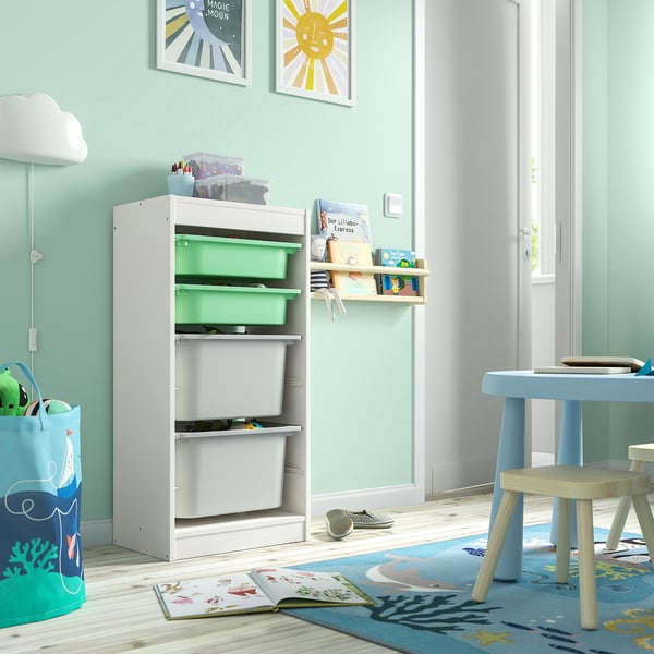 TROFAST Combinaison structure + bacs, blanc vert clair/gris, 46x30x94 cm