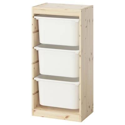 TROFAST Combinaison structure + bacs, pin teinté blanc clair/blanc, 44x30x91 cm