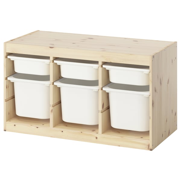 TROFAST Combinaison structure + bacs, pin teinté blanc clair/blanc, 93x44x52 cm