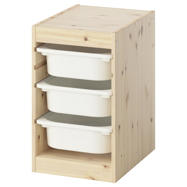 TROFAST Combinaison structure + bacs, pin teinté blanc clair/blanc, 32x44x52 cm