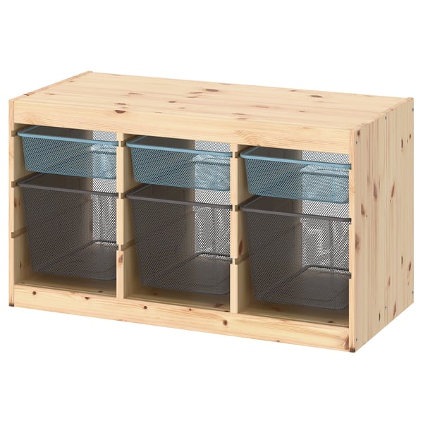 TROFAST Combinaison structure + bacs, pin teinté blanc clair bleu gris/gris foncé, 93x44x52 cm