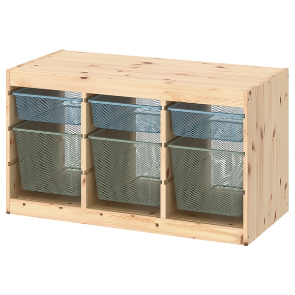 TROFAST Combinaison structure + bacs, pin teinté blanc clair bleu gris/gris vert clair, 93x44x52 cm
