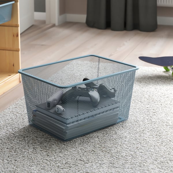 TROFAST Combinaison structure + bacs, pin teinté blanc clair/bleu gris, 44x30x91 cm