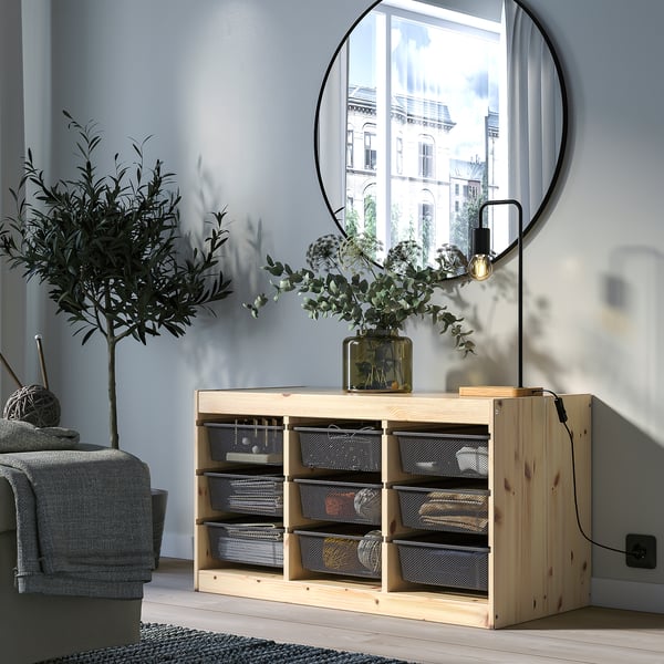 TROFAST Combinaison structure + bacs, pin teinté blanc clair/gris foncé, 93x44x52 cm