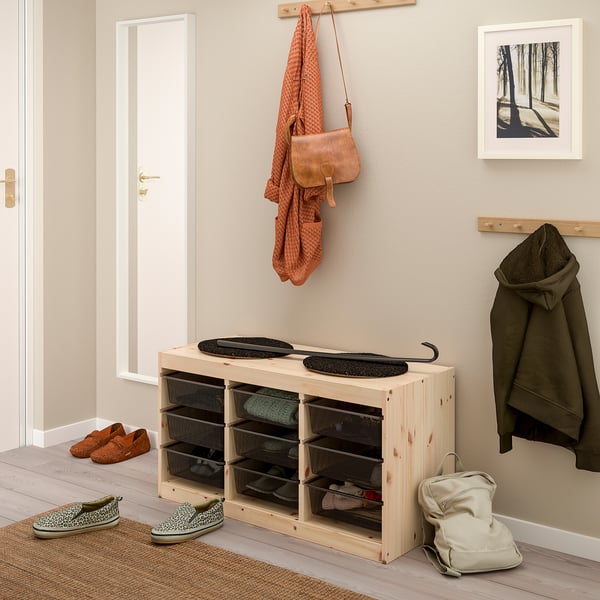 TROFAST Combinaison structure + bacs, pin teinté blanc clair/gris foncé, 93x44x52 cm