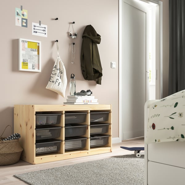 TROFAST Combinaison structure + bacs, pin teinté blanc clair/gris foncé, 93x44x52 cm