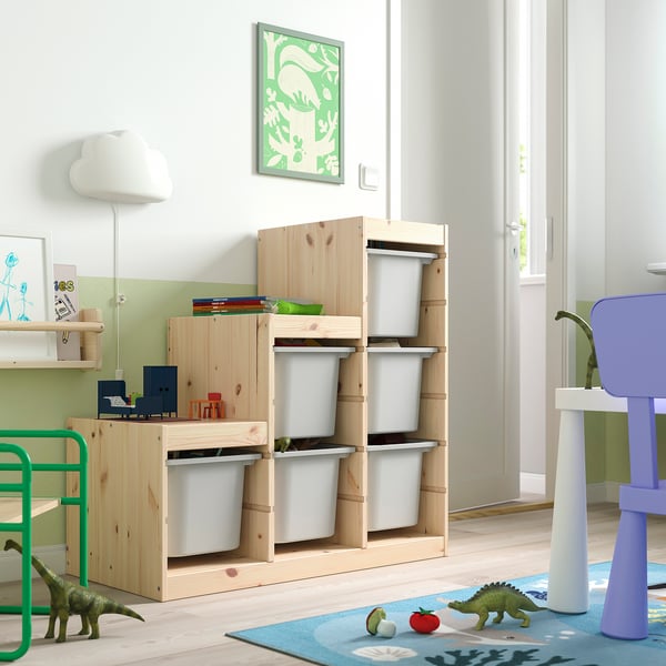 TROFAST Combinaison structure + bacs, pin teinté blanc clair/gris, 94x44x91 cm