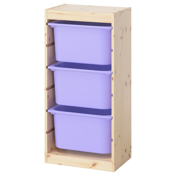 TROFAST Combinaison structure + bacs, pin teinté blanc clair/mauve, 44x30x91 cm