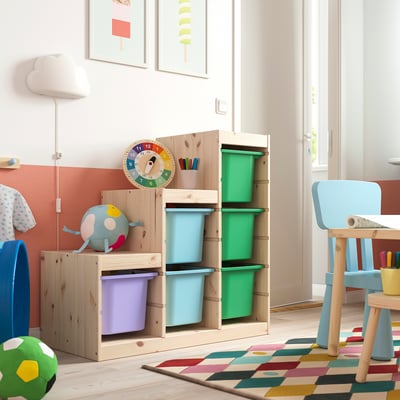 TROFAST Combinaison structure + bacs, pin teinté blanc clair/multicolore, 94x44x91 cm