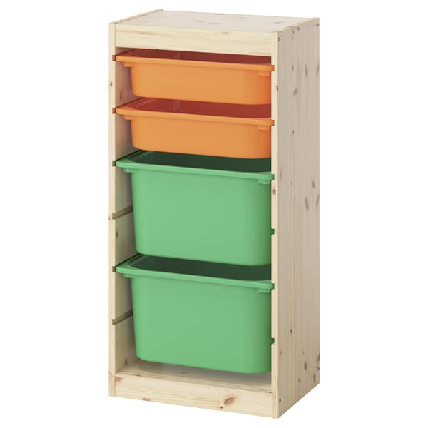 TROFAST Combinaison structure + bacs, pin teinté blanc clair/orange clair vert vif, 44x30x91 cm
