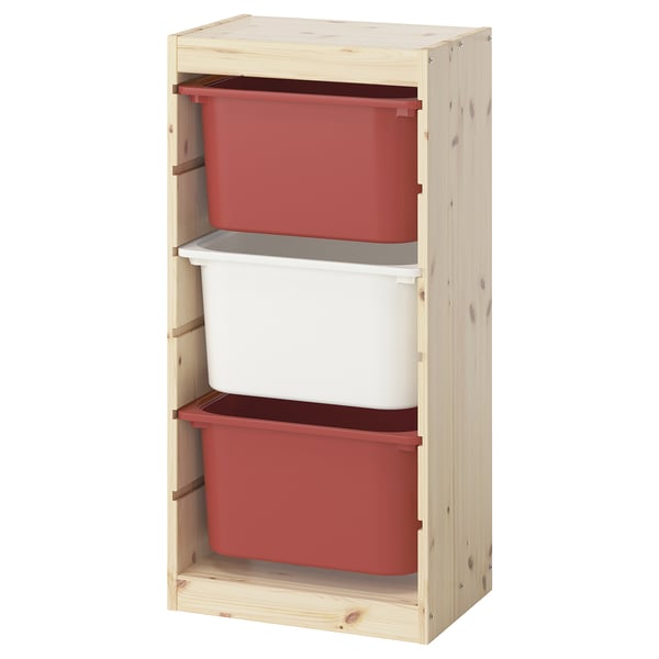 TROFAST Combinaison structure + bacs, pin teinté blanc clair/rouge blanc, 44x30x91 cm