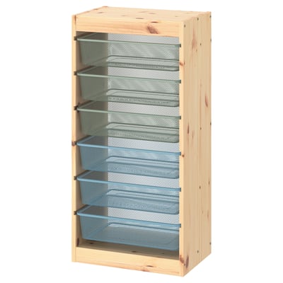 TROFAST Combinaison structure + bacs, pin teinté blanc clair vert gris/bleu gris, 44x30x91 cm