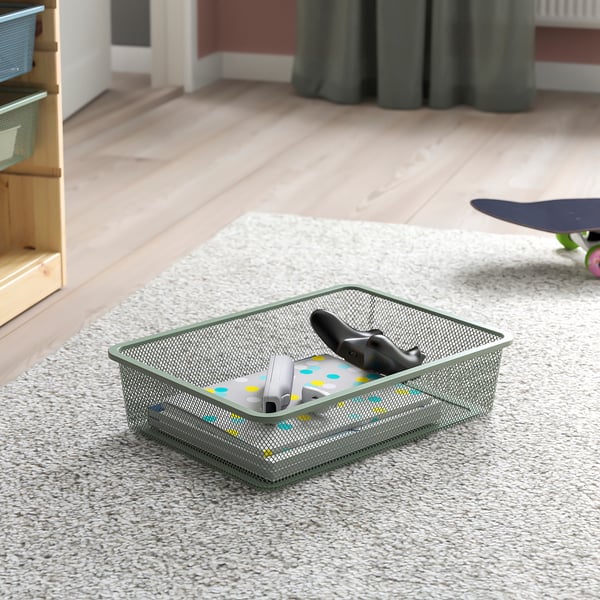 TROFAST Combinaison structure + bacs, pin teinté blanc clair vert gris/bleu gris, 44x30x91 cm