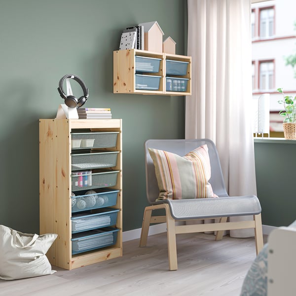 TROFAST Combinaison structure + bacs, pin teinté blanc clair vert gris/bleu gris, 44x30x91 cm
