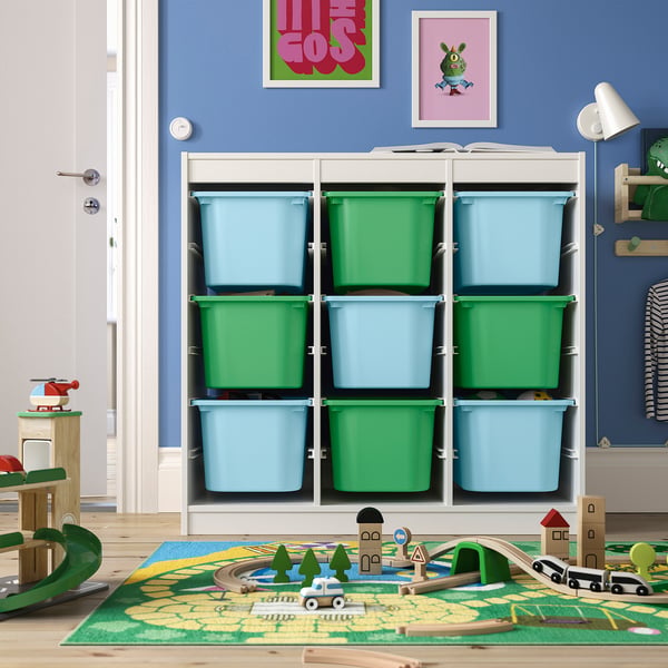 TROFAST Combinaison structure + bacs, séparateur de pièce blanc/bleu clair vert vif, 99x44x94 cm