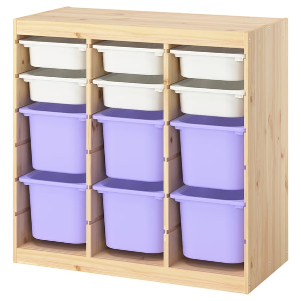 TROFAST Combinaison structure + bacs, séparateur de pièce pin teinté blanc clair/blanc mauve, 93x44x91 cm