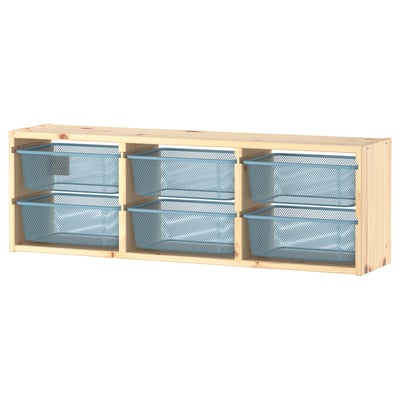 TROFAST Rangement mural, pin teinté blanc clair/bleu gris, 93x21x30 cm