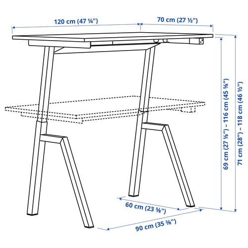 TROTTEN Bureau assis/debout, électrique/blanc, 120x70 cm