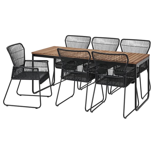 VÄSMAN / TALLSKÄR Table+6 chaises accoudoir, ext, extensible teinté brun clair/anthracite, 135x190/74 cm
