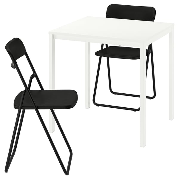 VIHALS Table+ 2 chaises pliantes, blanc/noir, 74x74 cm