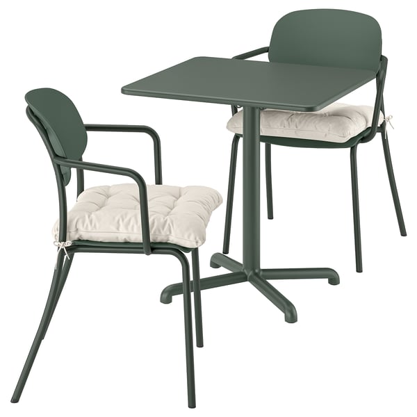 VISINGSÖ / VISINGSÖ Table et 2 chaises, extérieur vert profond/vert profond Kuddarna gris clair-beige, 70x70 cm
